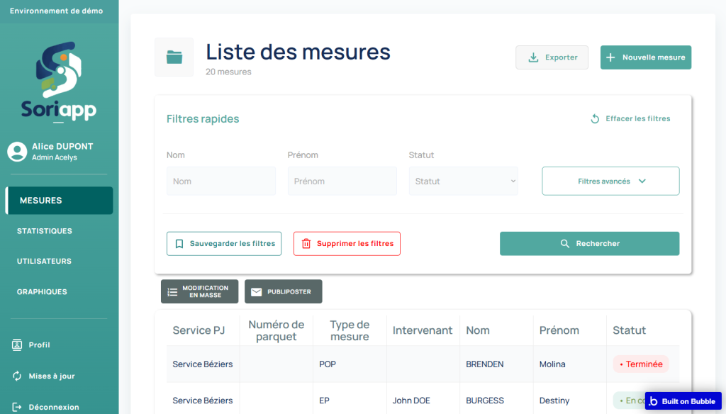 Liste des mesures dans Soriapp